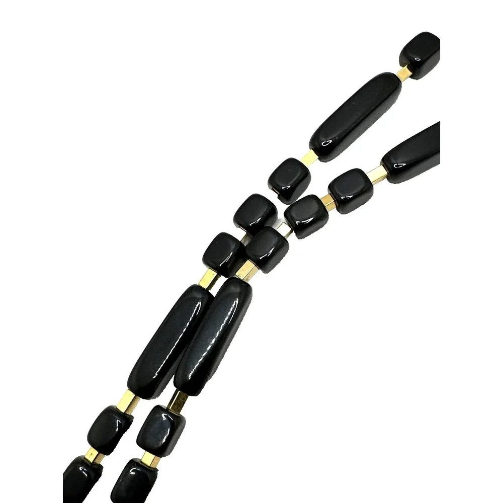 Vintage Trifari Black Lucite Necklace Long Bead Gold Tone Accent Statement 30